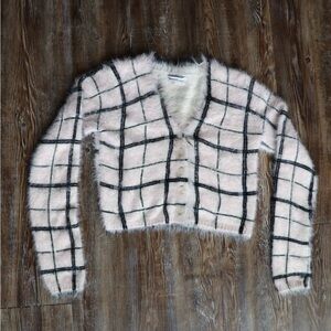 Urban Outfitters Womens Light Pink Windowpane Fuzzy Cropped Preppy Cardigan S